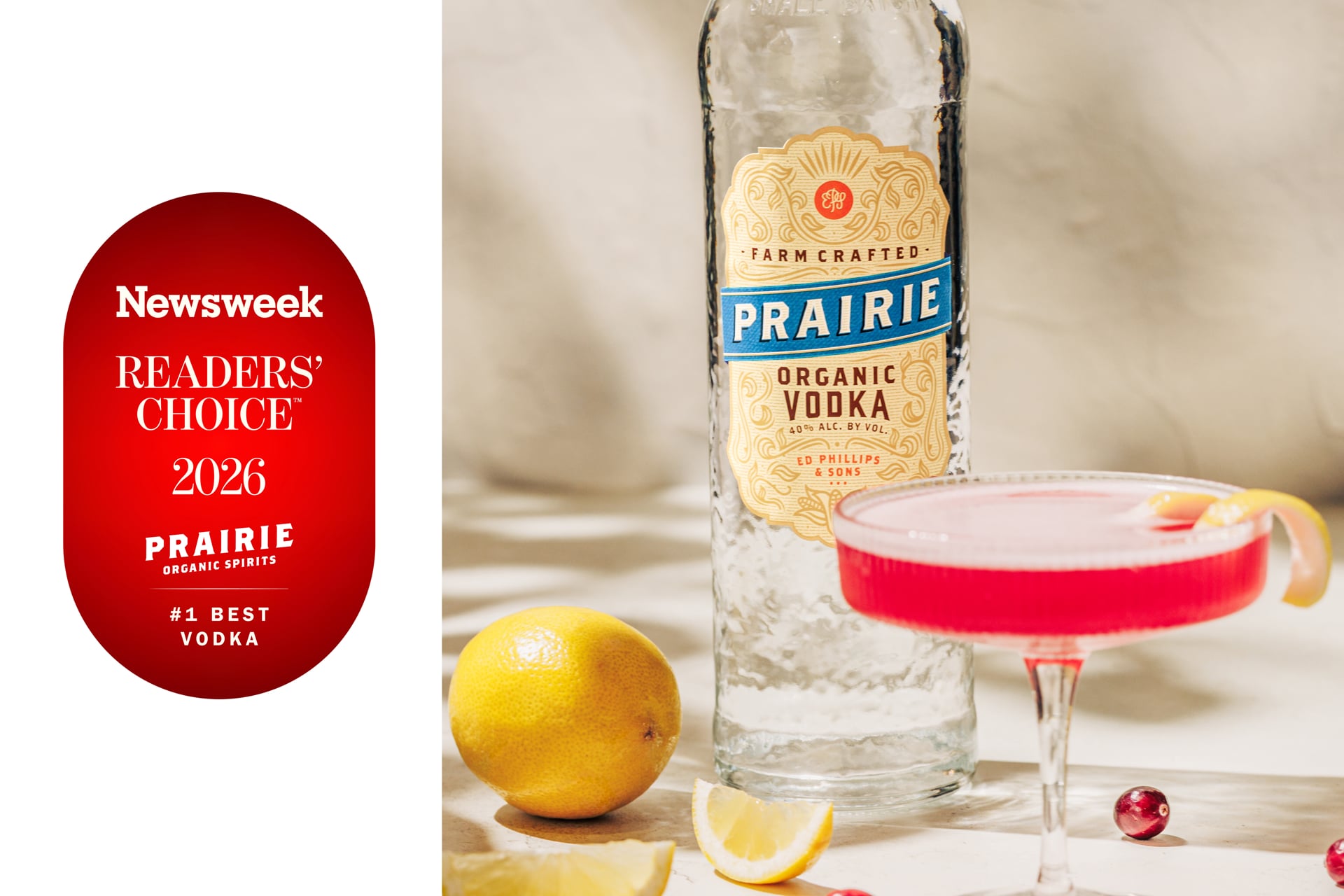 vodka bottle surrounded by lemon and cranberry