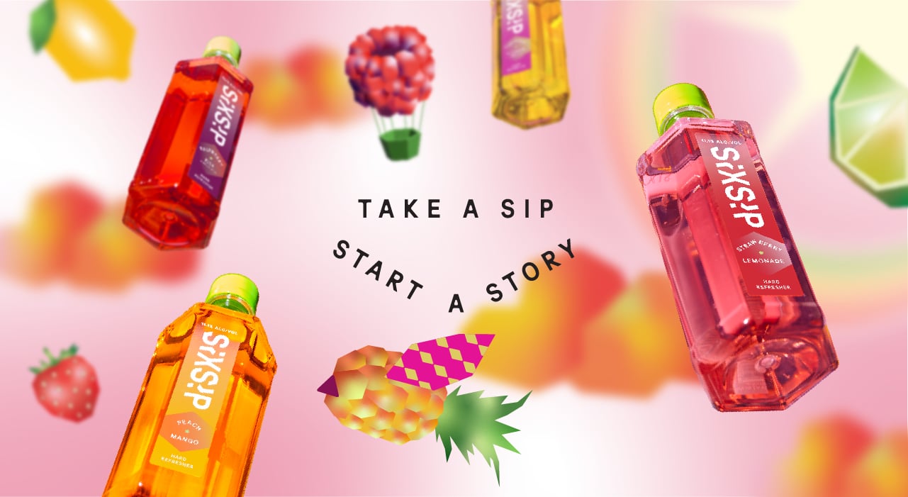 Bottles and fruit floating on a pink background.