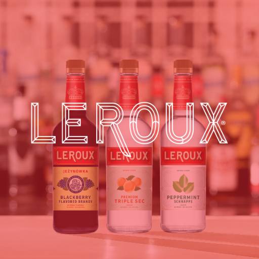 Leroux logo on a red background