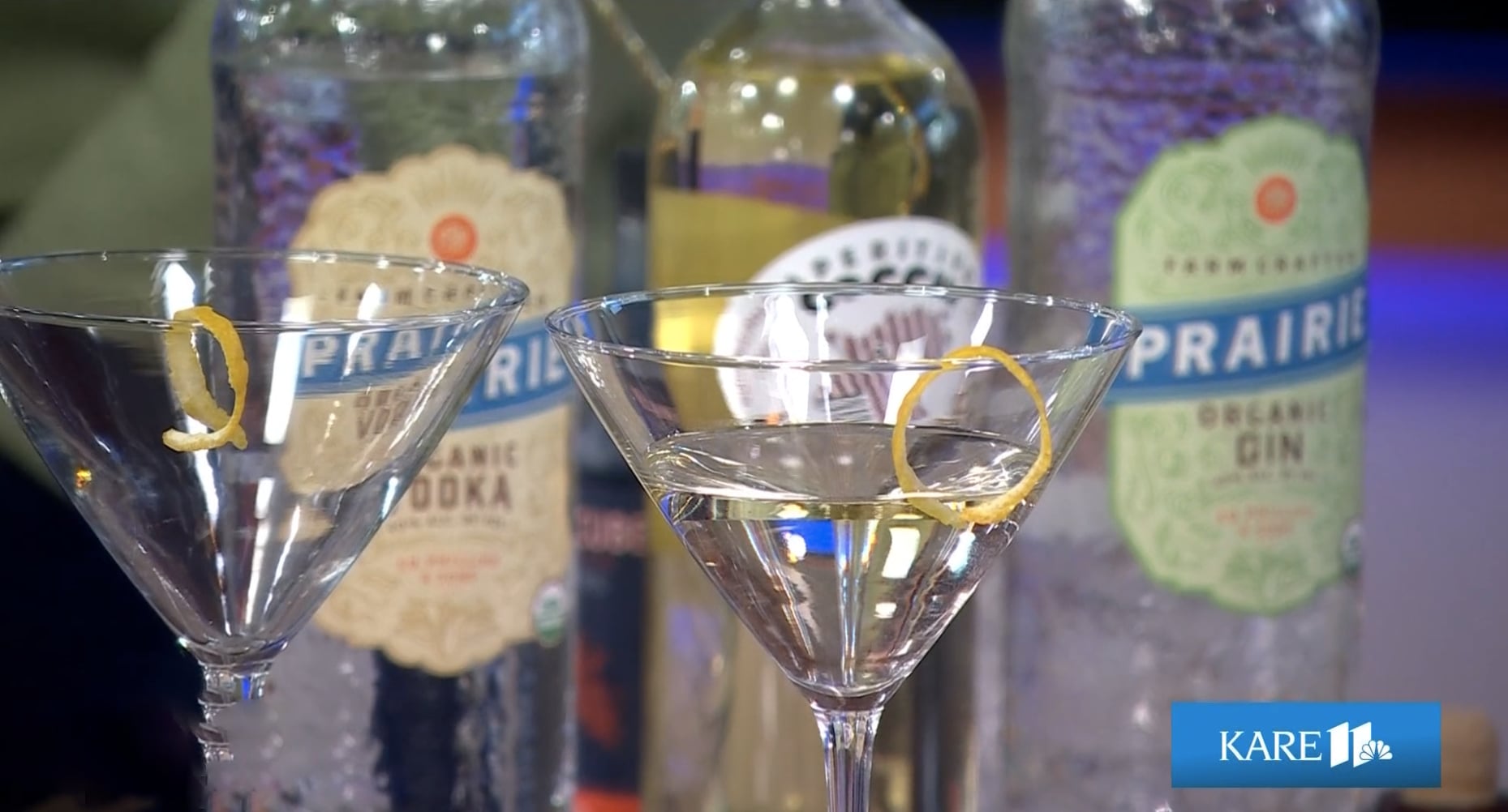 close up of a couple cocktails in martini glasses