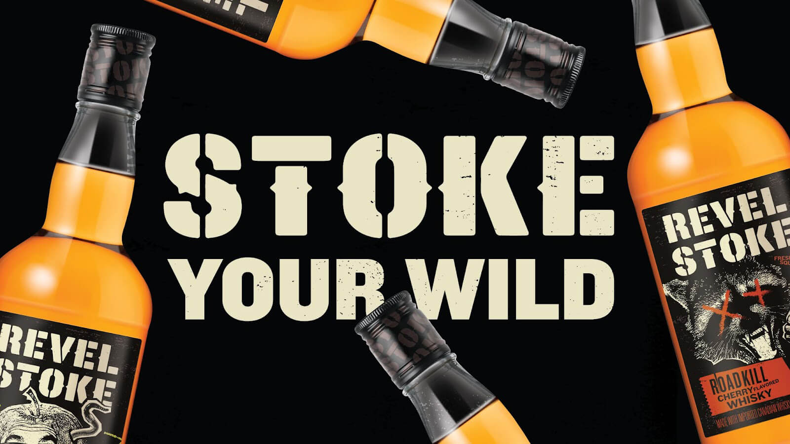 A bottle of Revel Stoke on a black background with red lightning