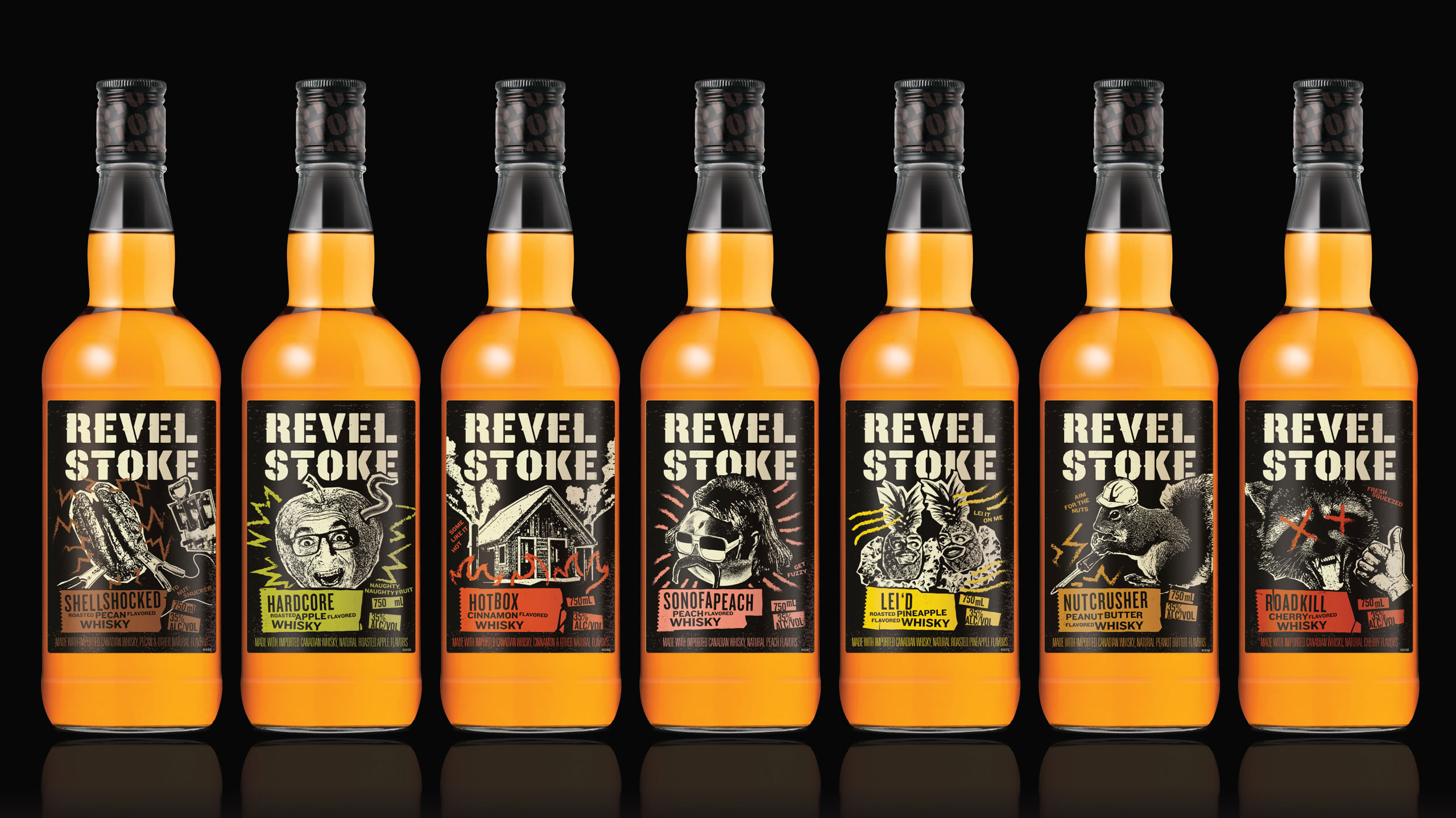 Seven bottles of Revel Stoke whisky in a row